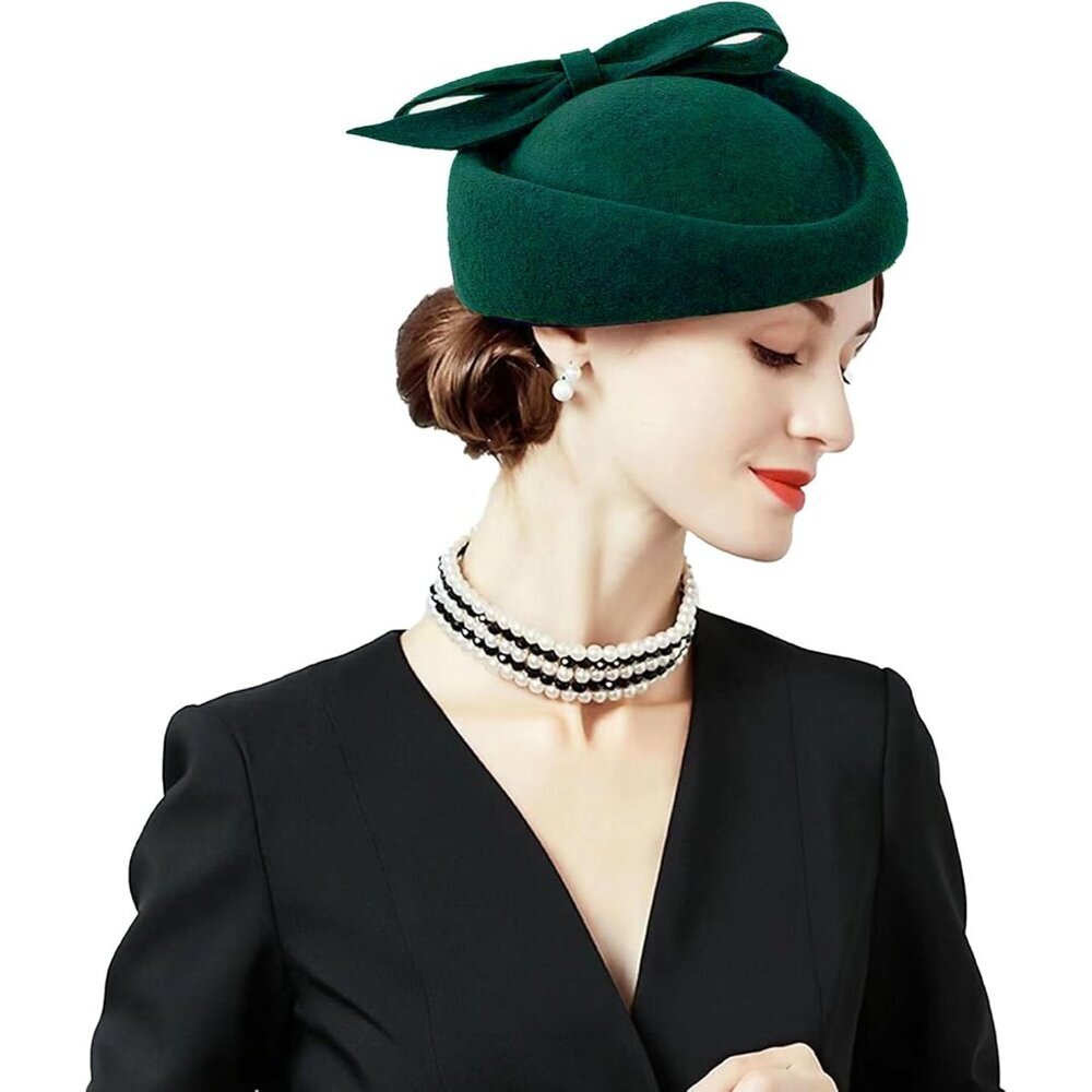 Vintage Wool Felt Pillbox Hat Women Church Wedding Winter Fascinator Beret
